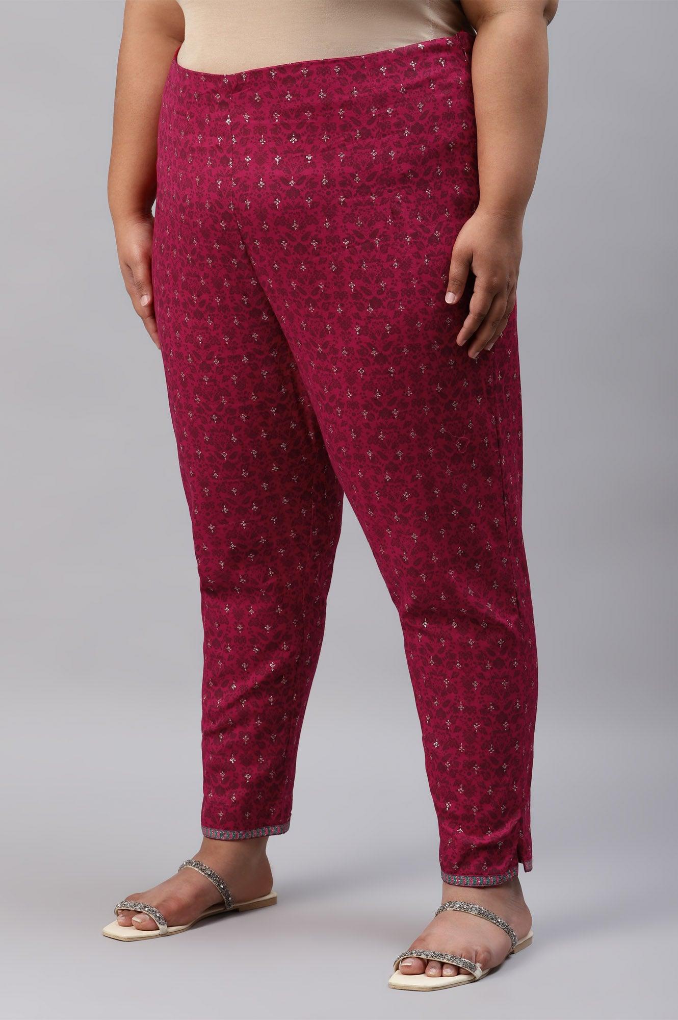 Plus Size Fuchsia Pink Floral Printed Slim Pants - wforwoman