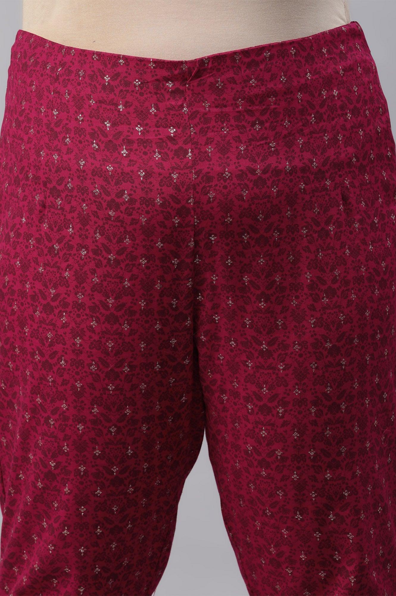 Plus Size Fuchsia Pink Floral Printed Slim Pants - wforwoman