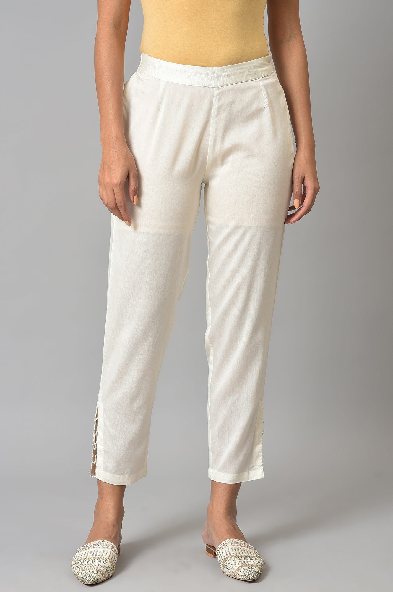 White Solid Light Festive Straight Slim Pants