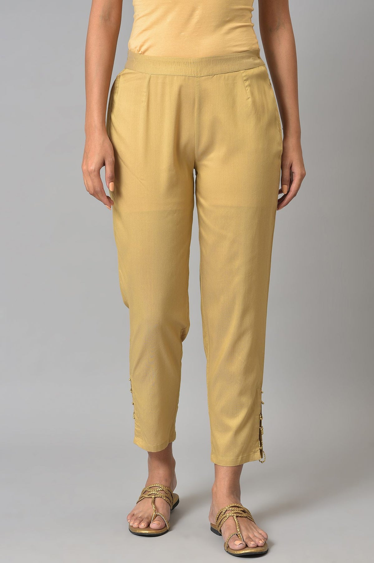 Gold Solid Pearl Detailing Straight Woven Slim Pant - S