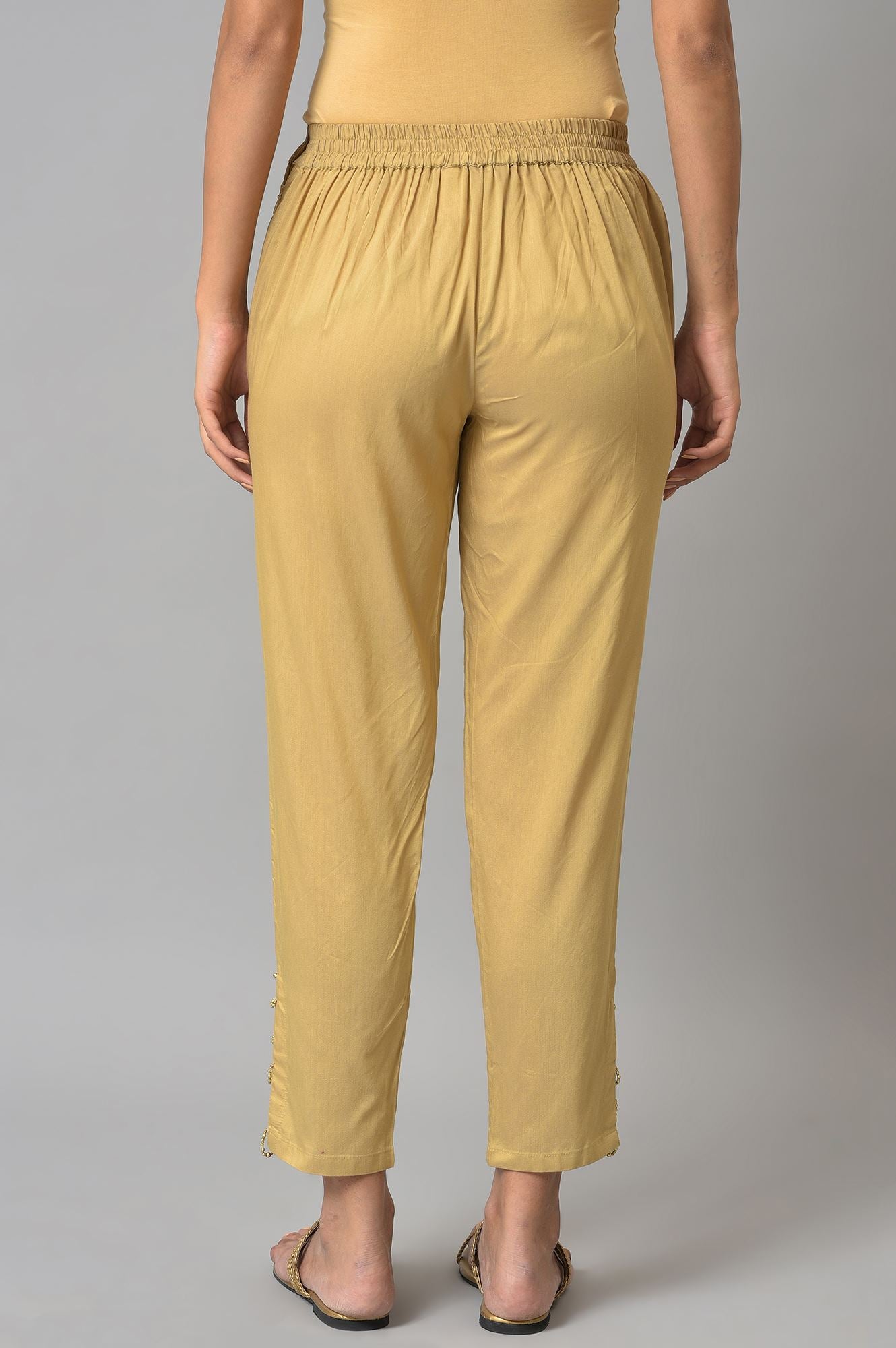 Gold Solid Pearl Detailing Straight Woven Slim Pant