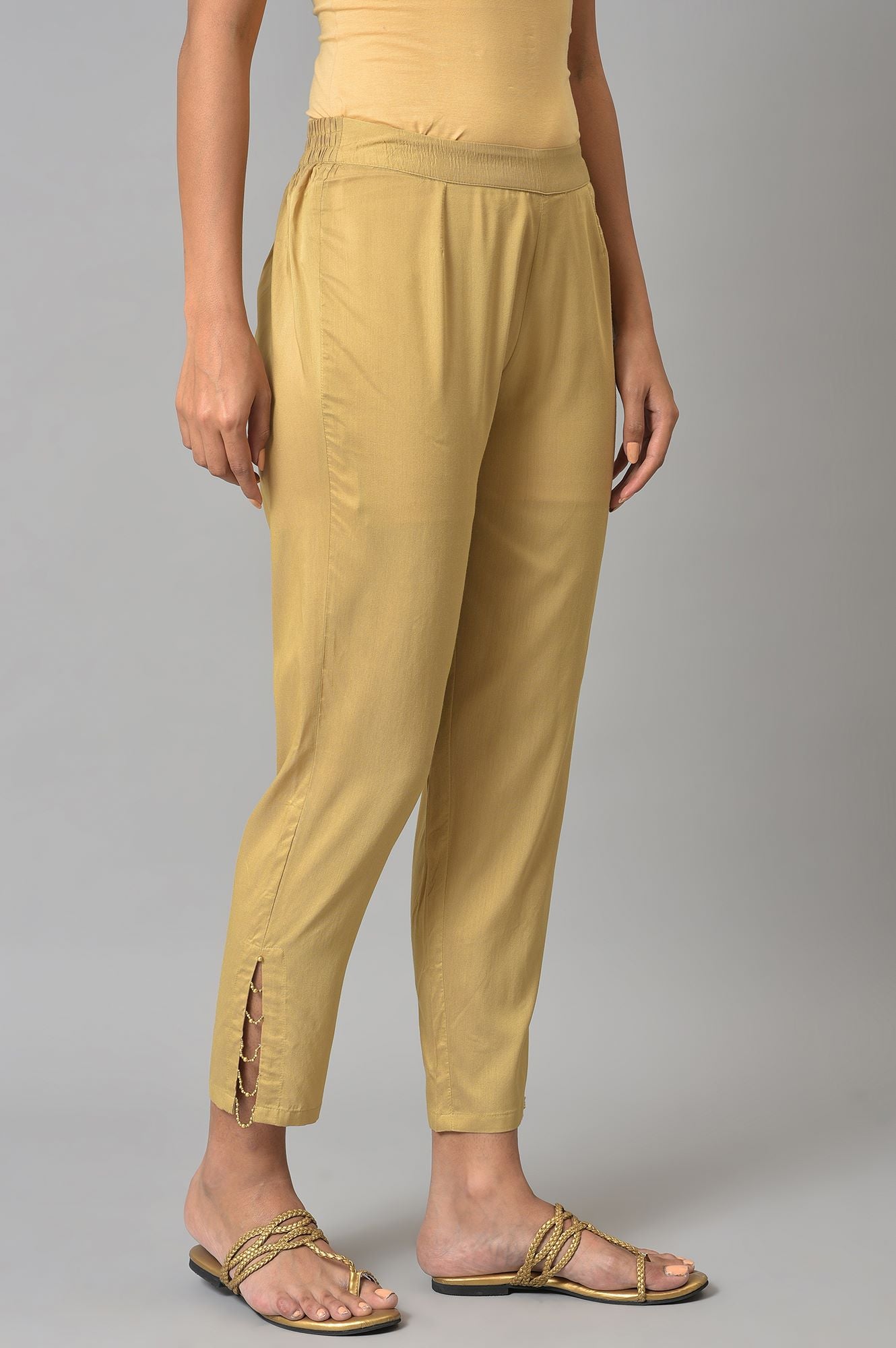 Gold Solid Pearl Detailing Straight Woven Slim Pant