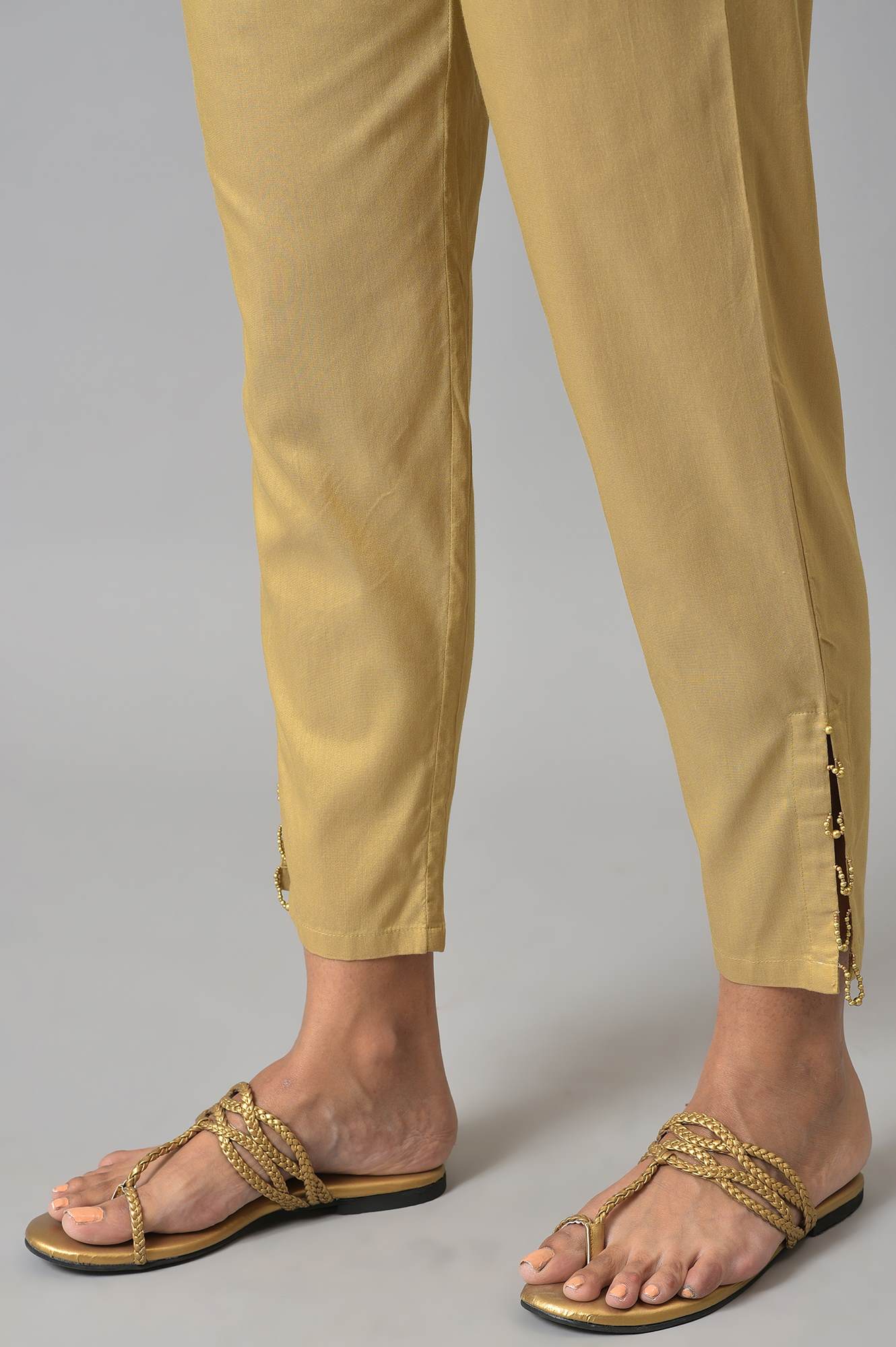 Gold Solid Pearl Detailing Straight Woven Slim Pant