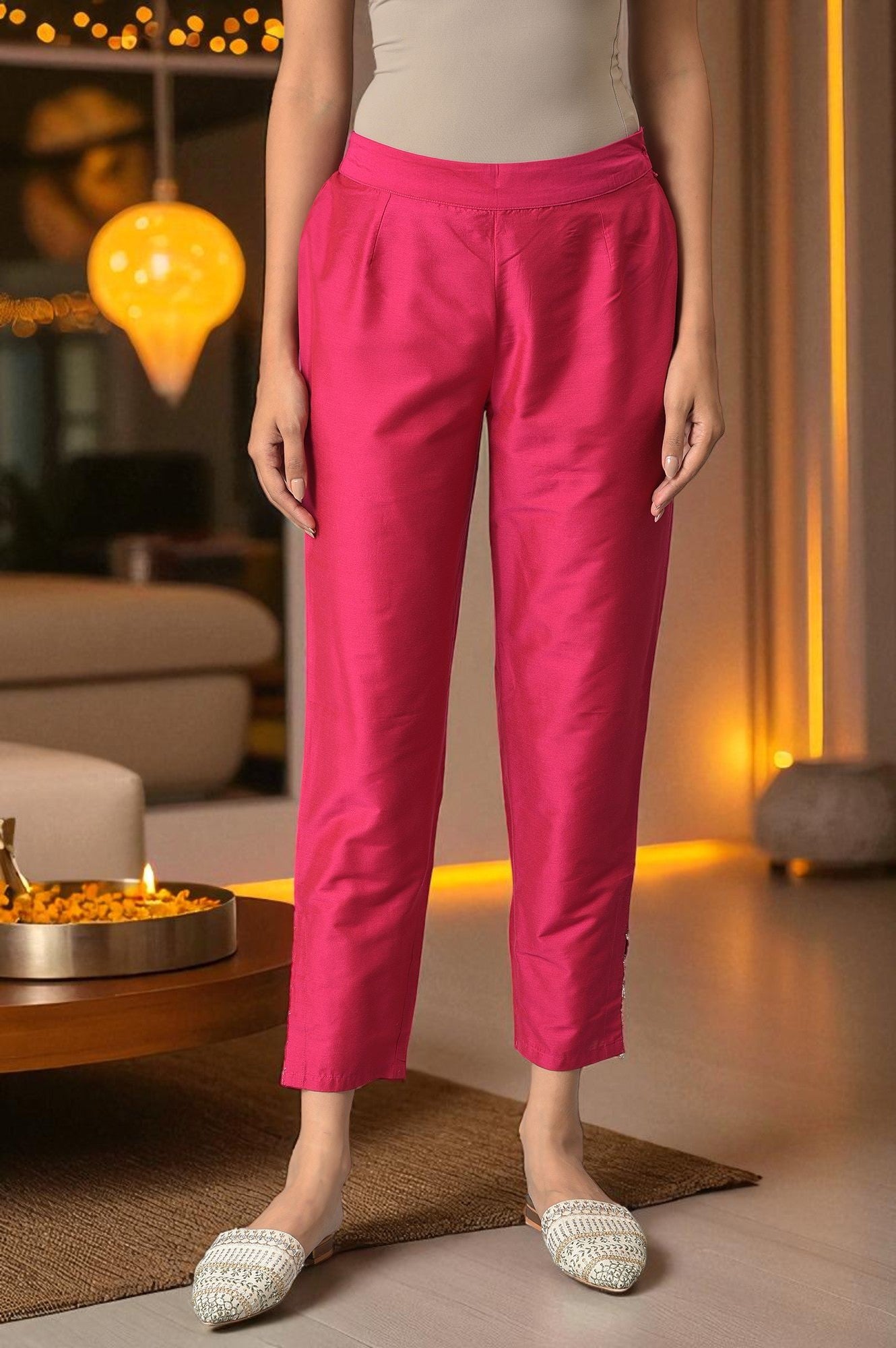 Dark Pink Solid Light Festive Slim Pants