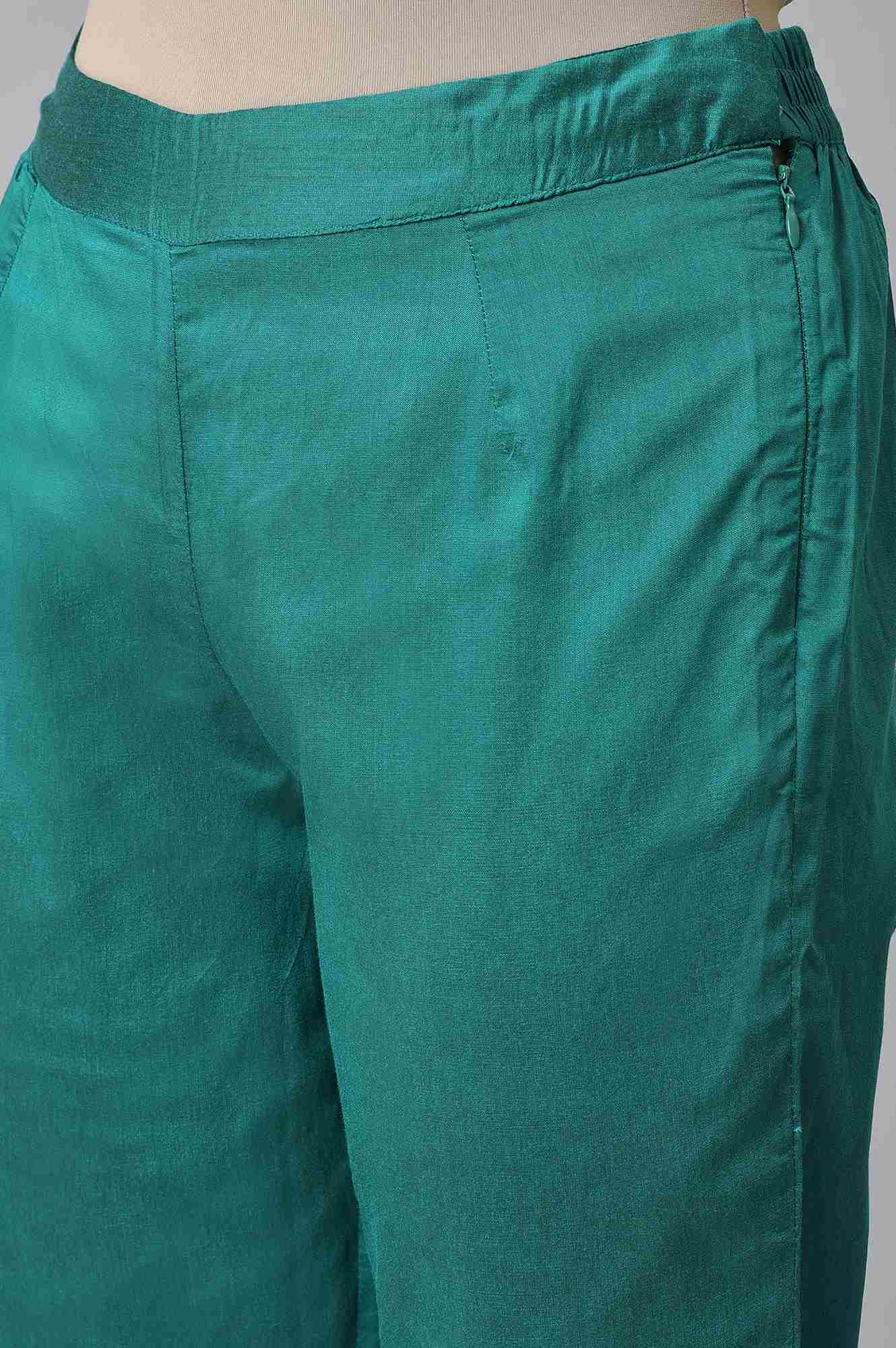 Green Solid Beaded Straight Slim Pant