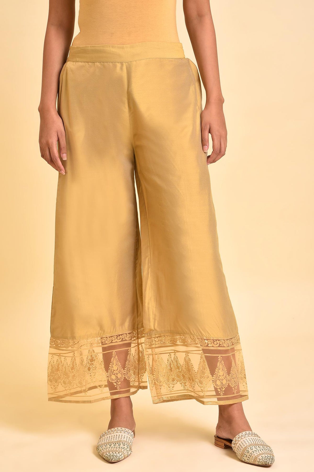 Gold Floral Printed Parallel Pants - XS