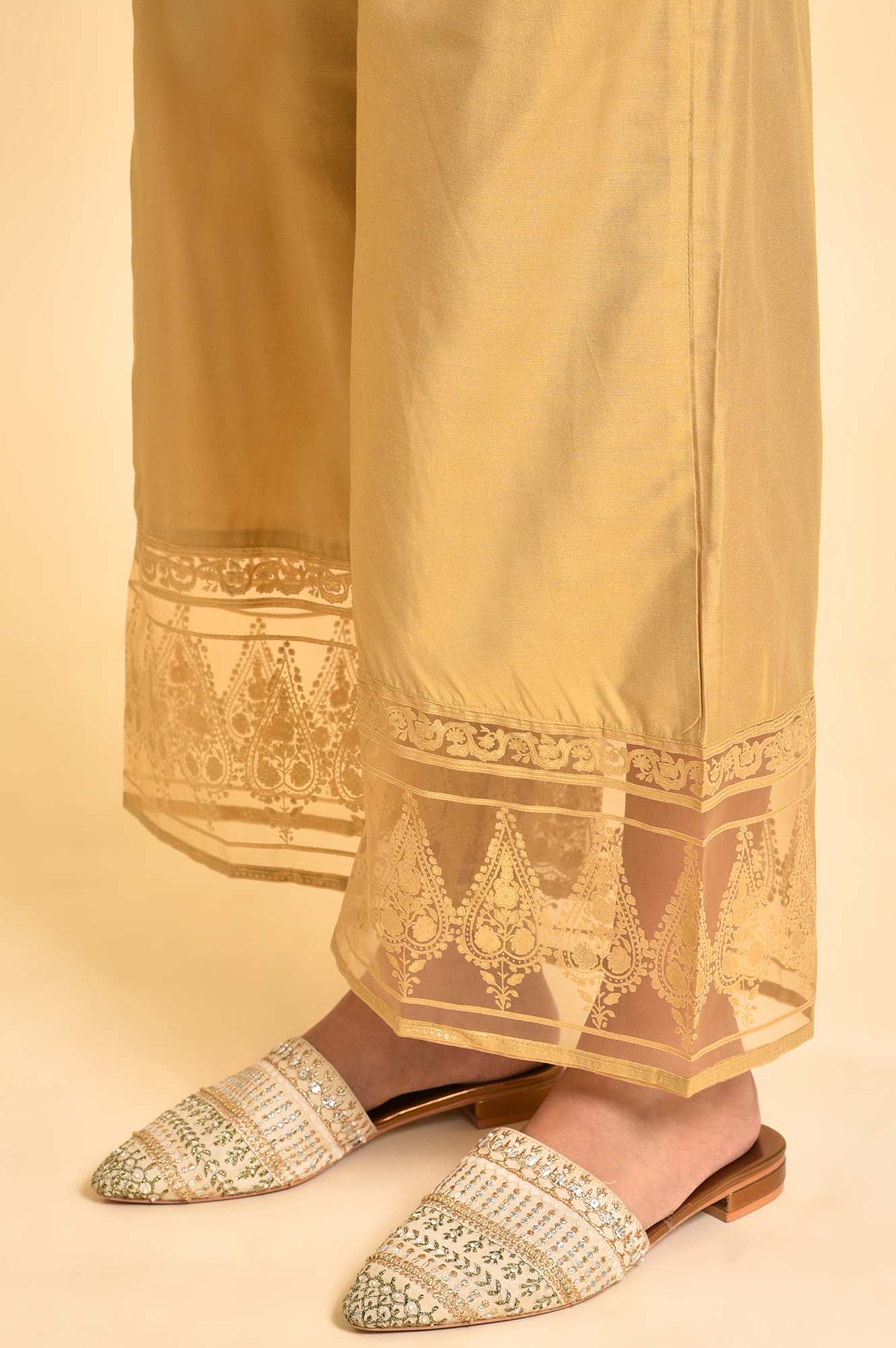 Gold Floral Brasso Wide Leg Parellel Pants