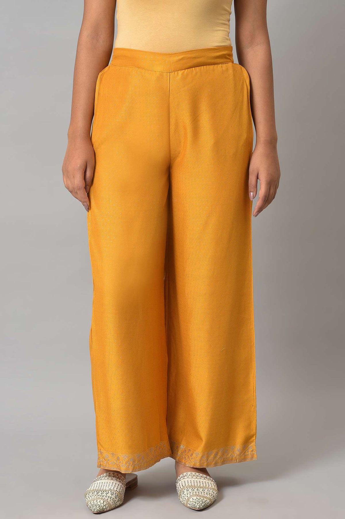Mustard Glitter Printed Parallel Pants - XS