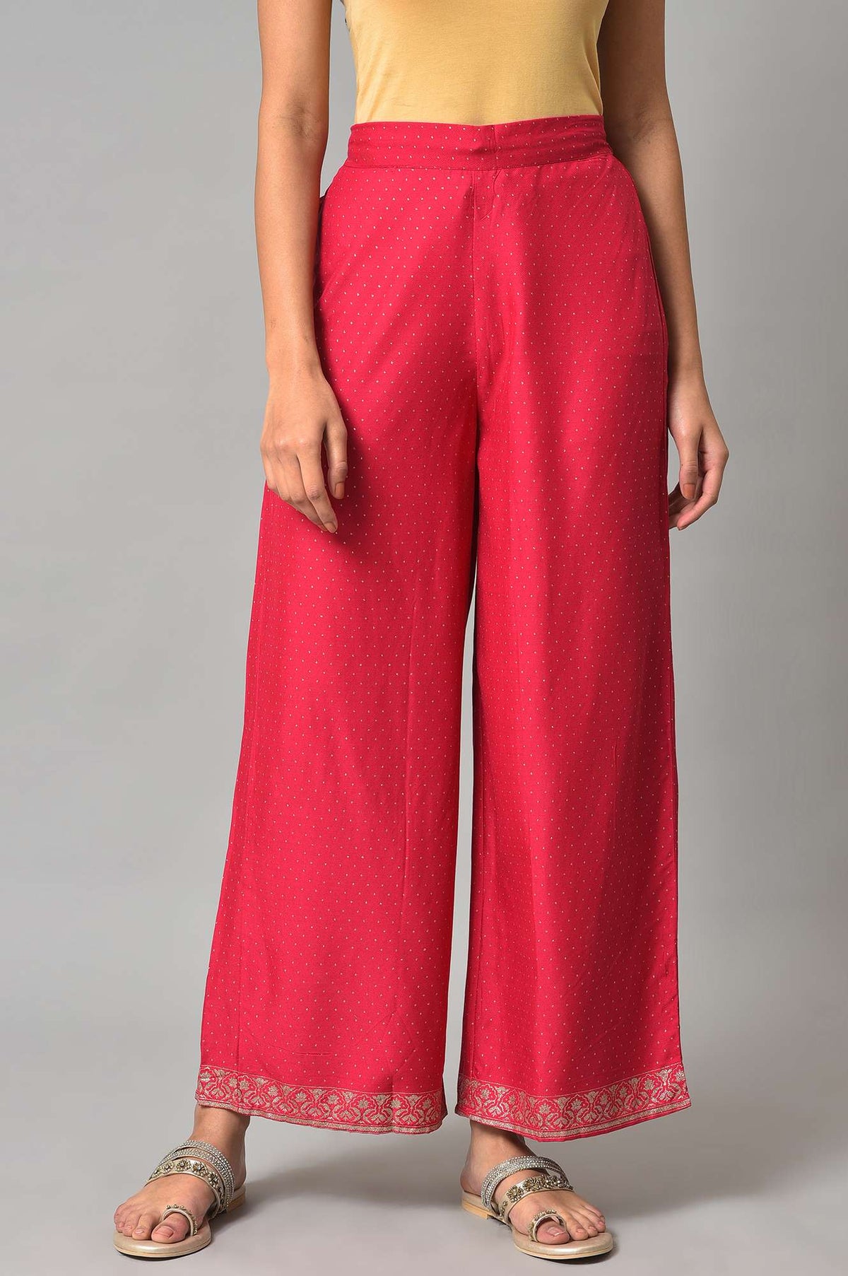 Dark Pink Glitter Print Parallel Pants With Border - M
