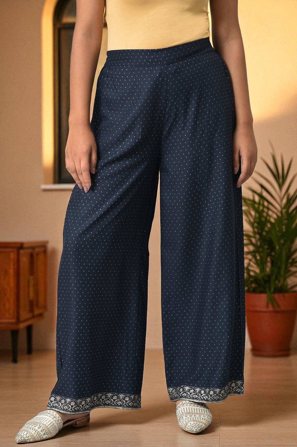Navy Blue Glitter Printed Rayon Parallel Pants
