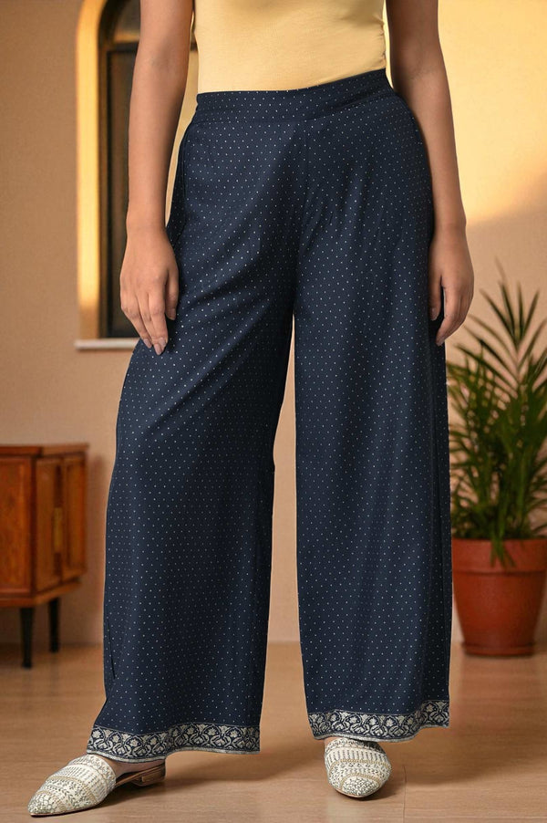 Navy Blue Glitter Printed Rayon Parallel Pants