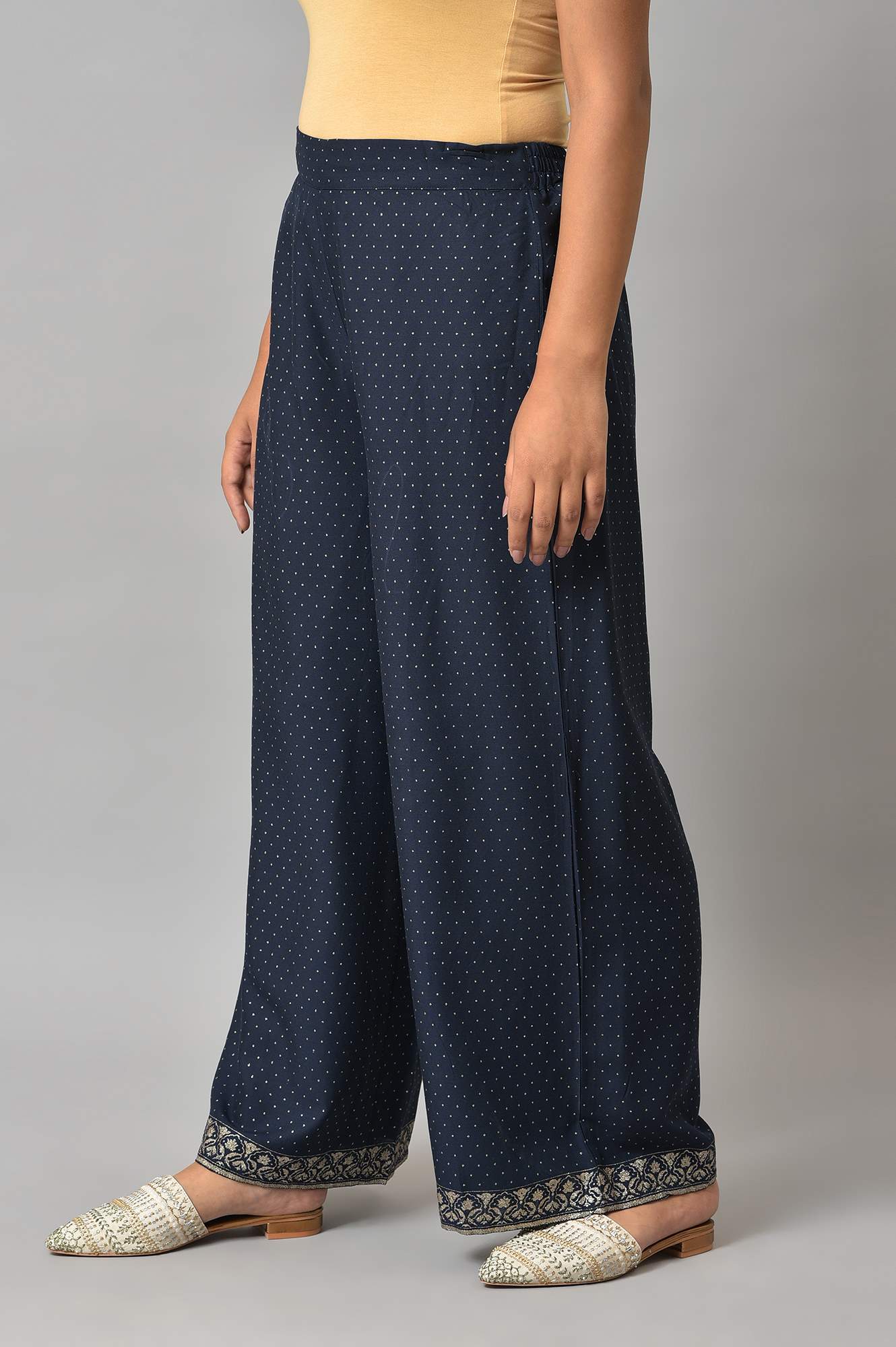 Dark Blue Polka Dots Printed Shantung A-Line Kurta with Parallel Pant Set