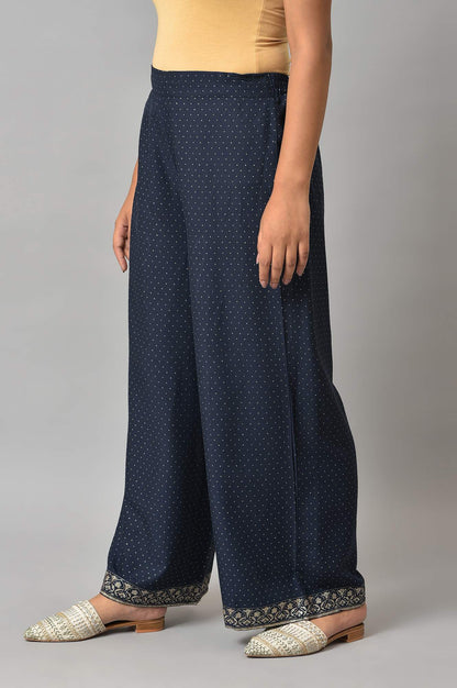 Dark Blue Polka Dots Printed Shantung A-Line Kurta with Parallel Pant Set