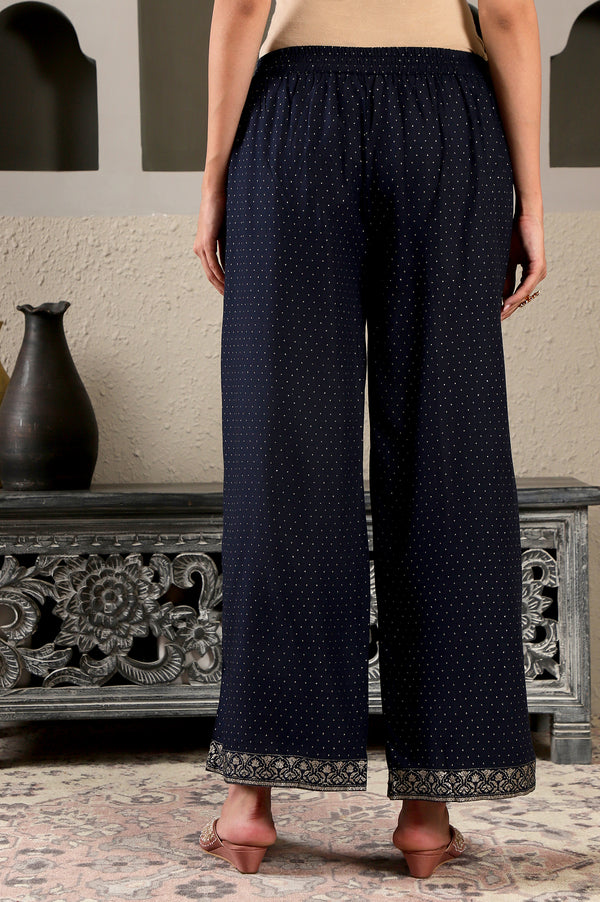 Navy Blue Glitter Printed Rayon Parallel Pants