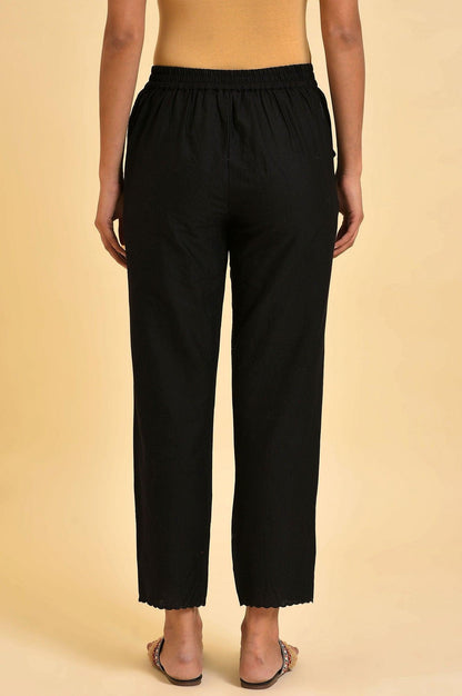 Black Straight Pants With Scalloped Hemline - wforwoman