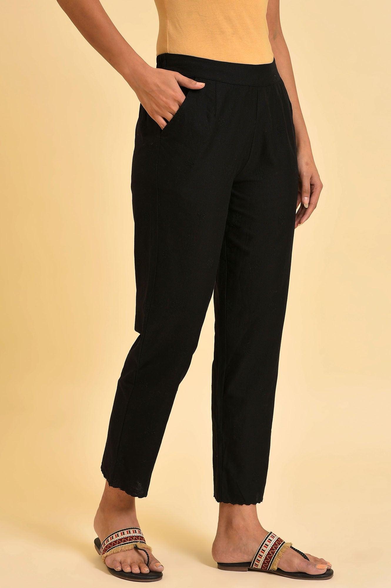 Black Straight Pants With Scalloped Hemline - wforwoman