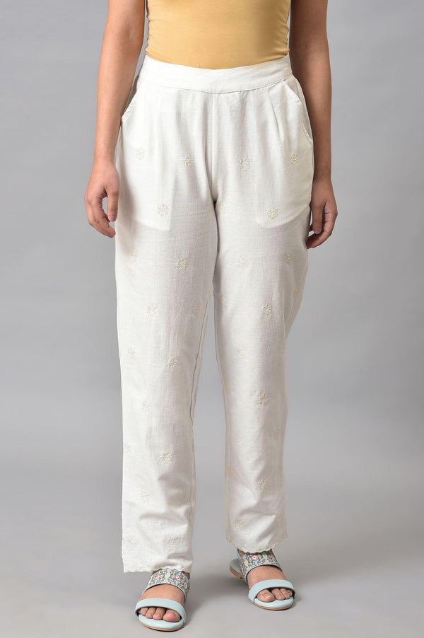 Ecru Straight Pants With Scalloped Hemline