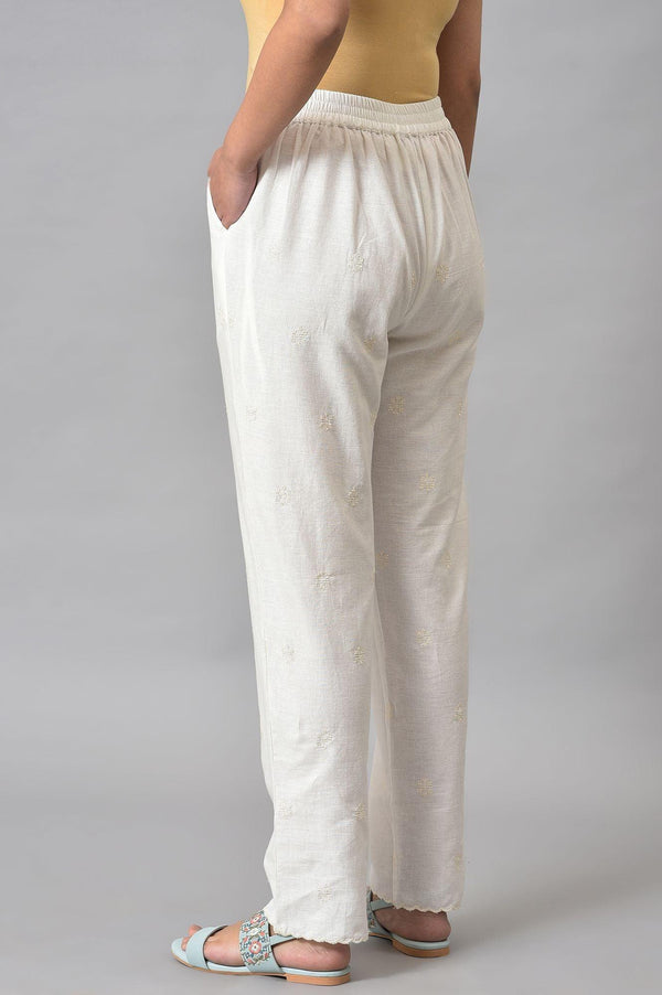 Ecru Straight Pants With Scalloped Hemline