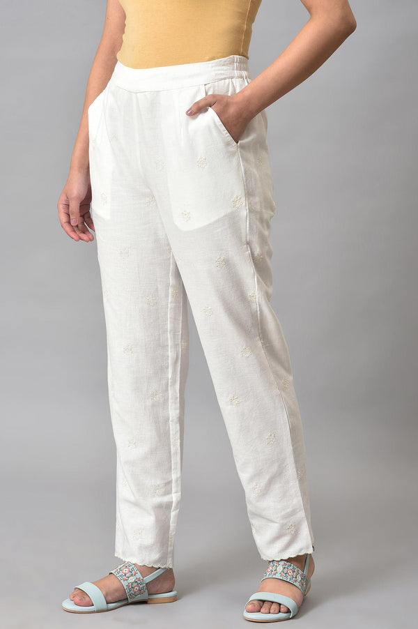 Ecru Straight Pants With Scalloped Hemline