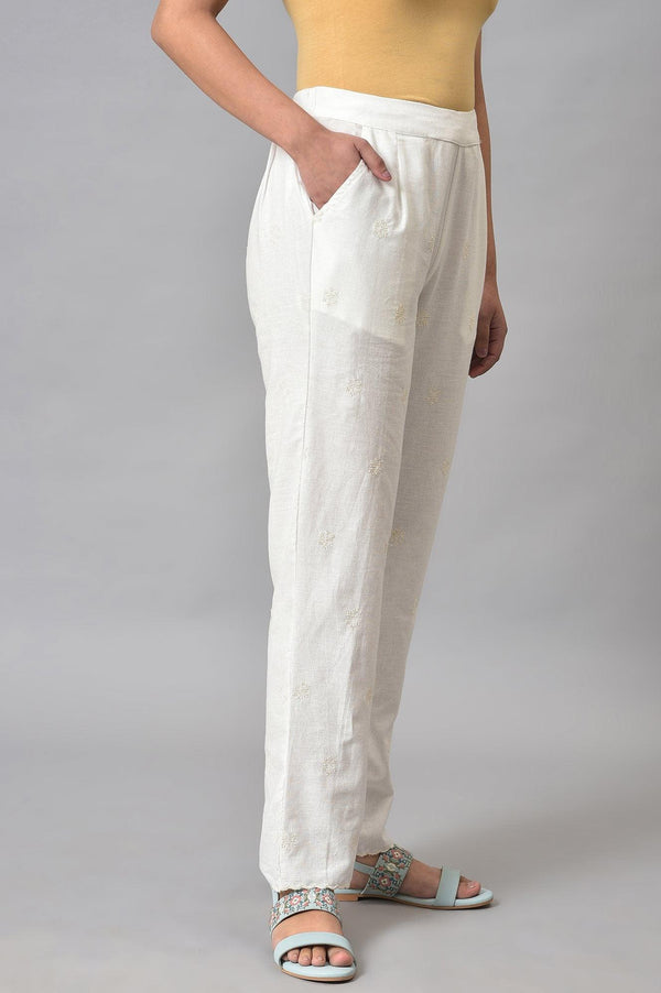 Ecru Straight Pants With Scalloped Hemline