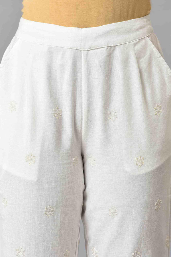 Ecru Straight Pants With Scalloped Hemline