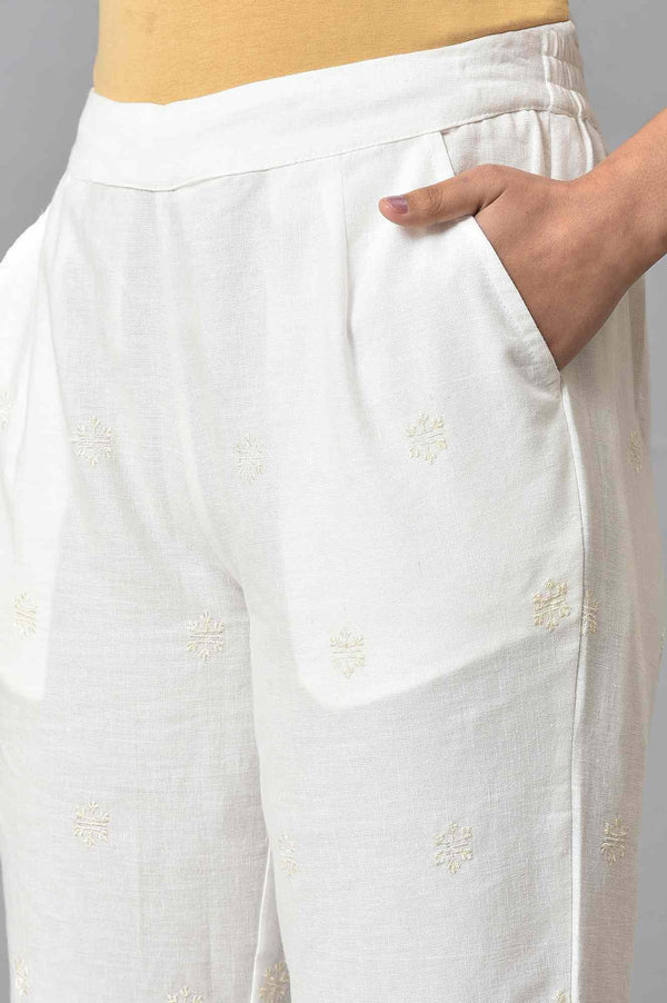 Ecru Straight Pants With Scalloped Hemline