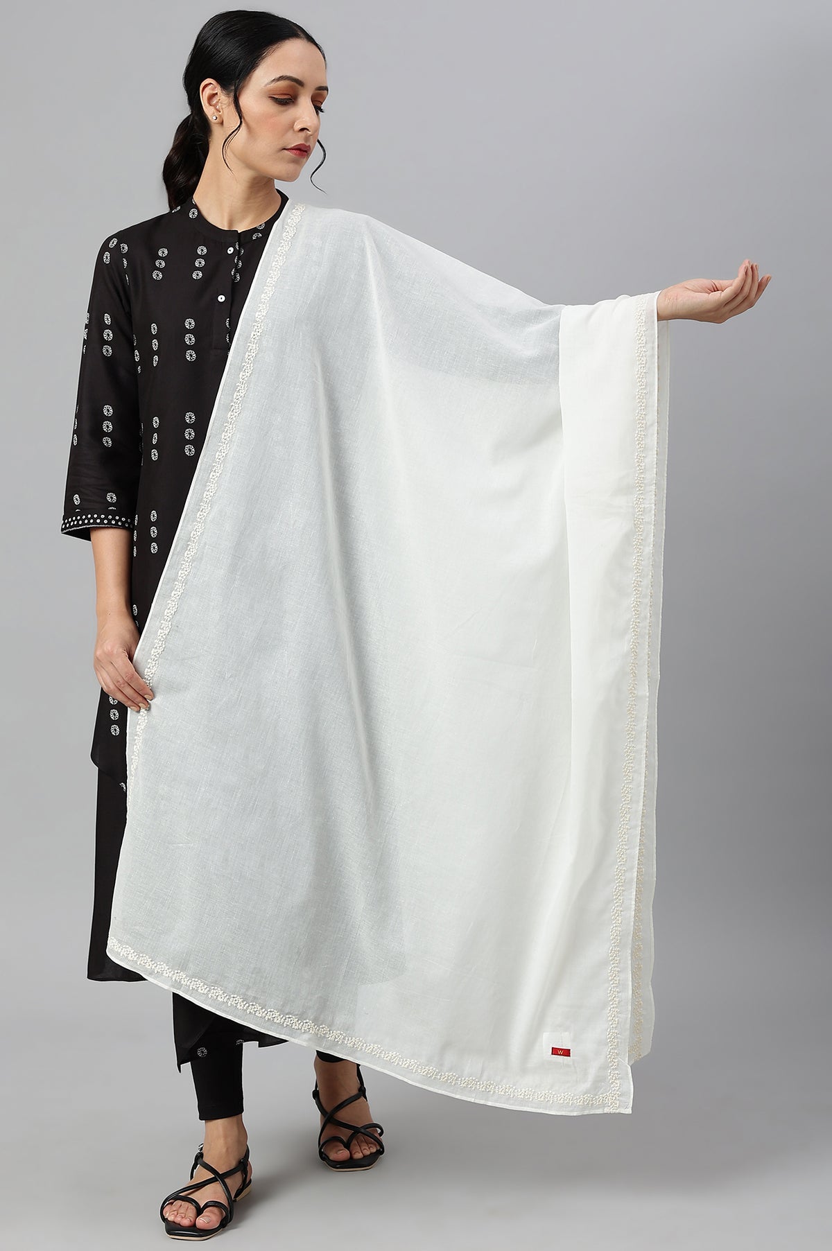 Off White Embroidered Voile Dupatta - FS