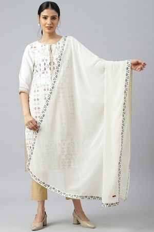White Multi-Coloured Printes kurta With Golden Pants And Dupatta