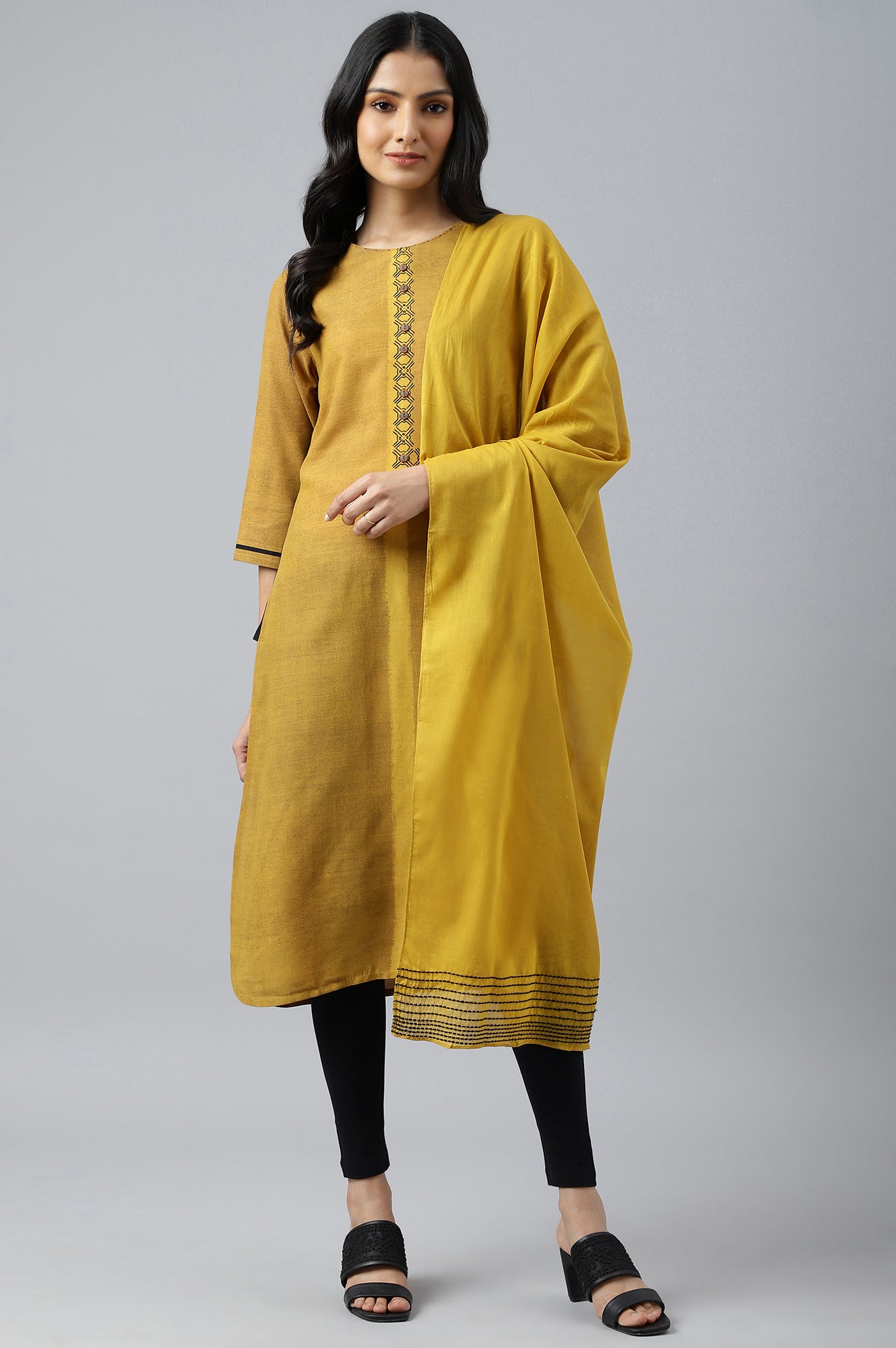 Dark Yellow Cotton Dupatta With Pinfold Border
