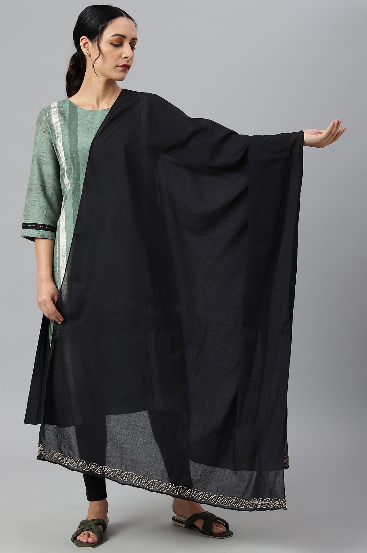 Black Embroidered and Patti detail Dupatta - FS