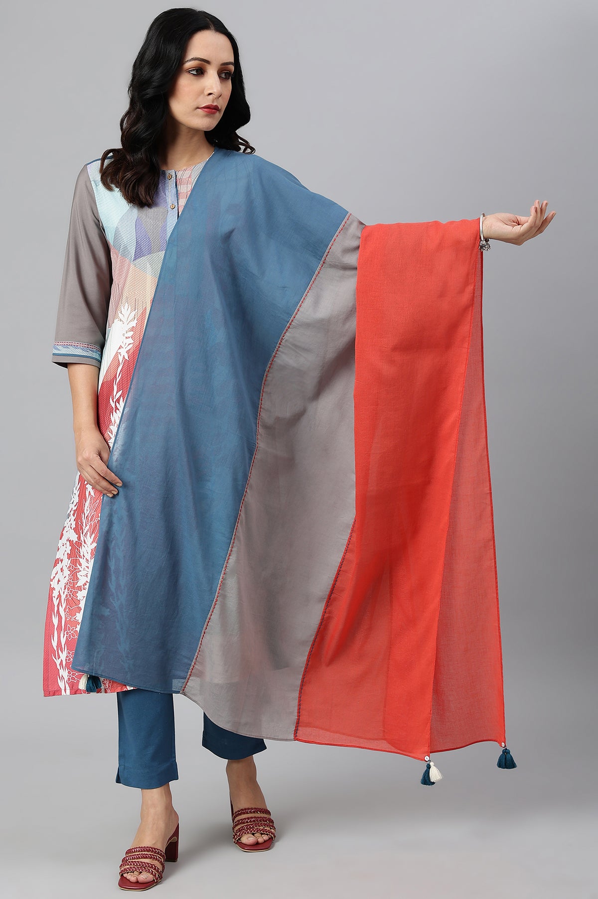 Bright Multicoloured Dupatta With Tassels - FS