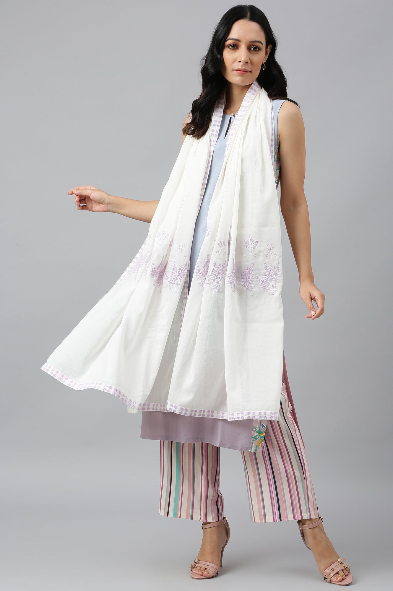 Ecru Women Voile Embroidered Dupatta