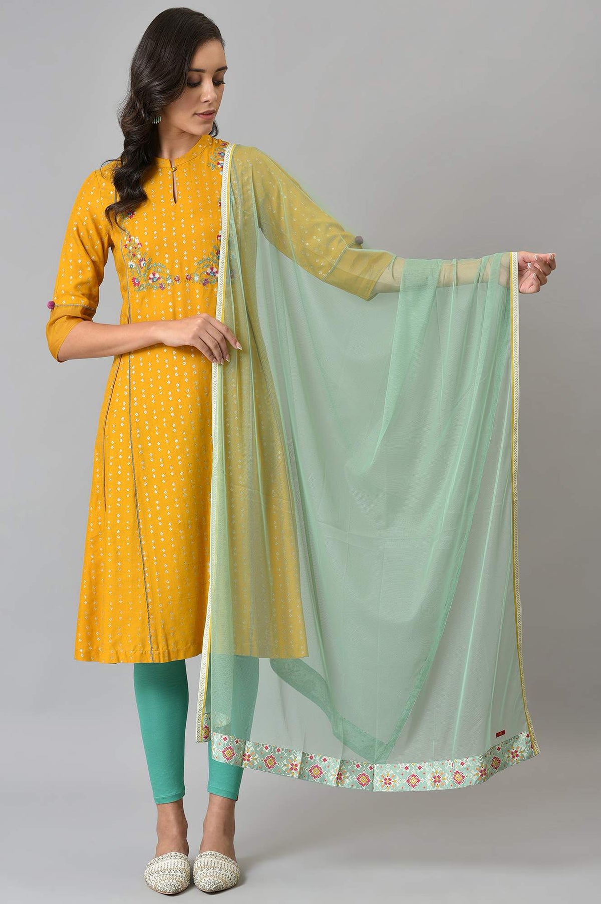 Mint Green Mesh Dupatta With Printed Border - FS
