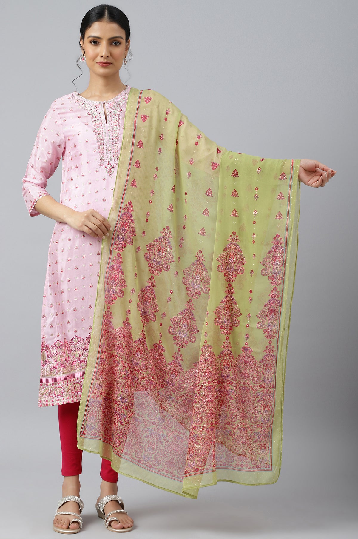 Green Chiffon Floral Print Dupatta - FS