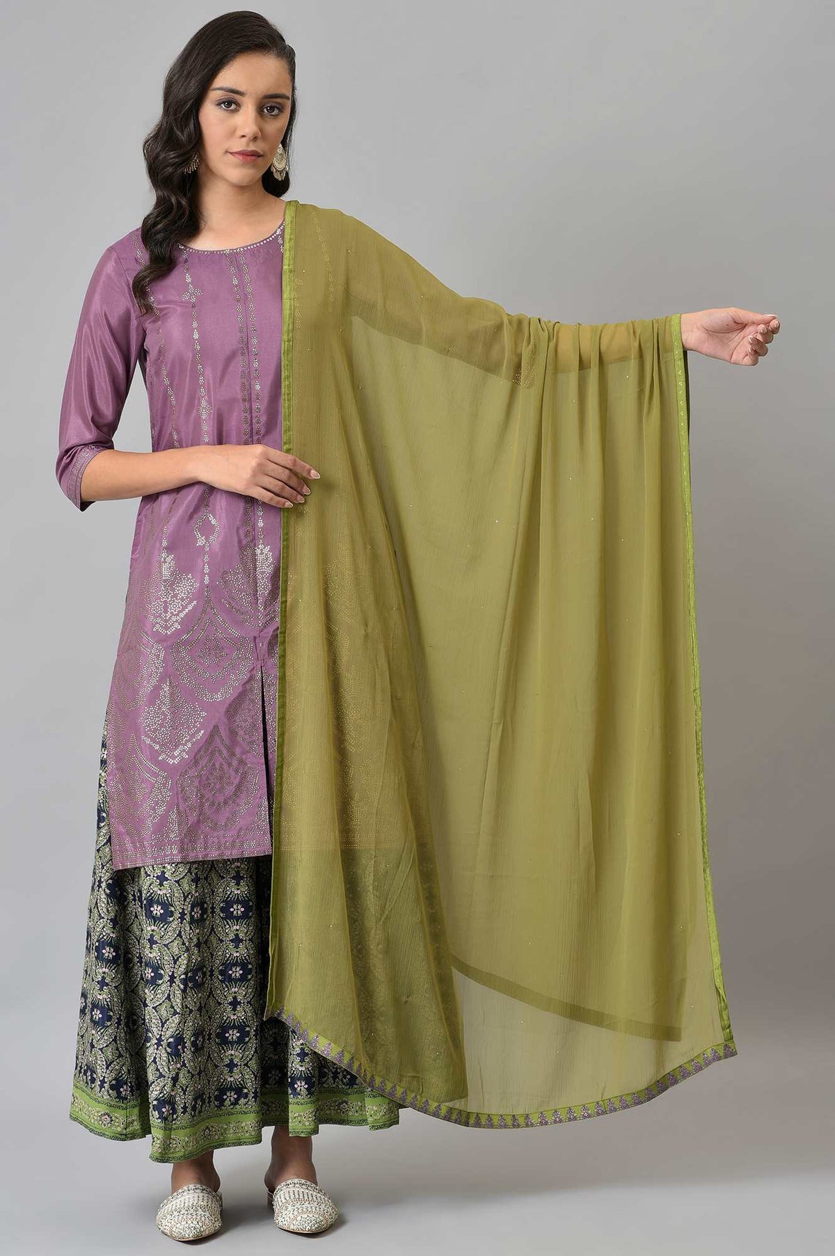 Olive Green Crinckled Chiffon Dupatta With Mukaish - FS
