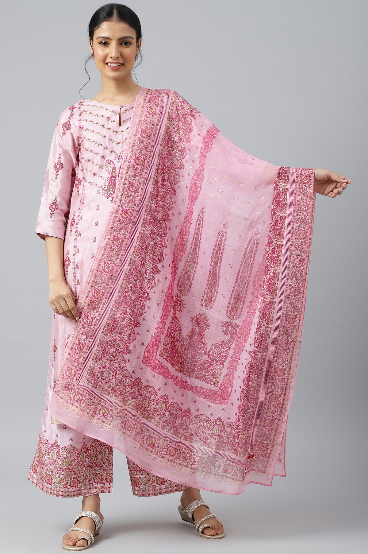 Light Pink Chiffon Floral Print Dupatta - FS