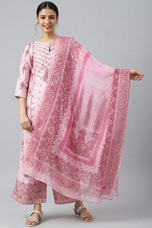 Pink Glitter Printed Shantung kurta With Parallel Pants And Dupatta - 6