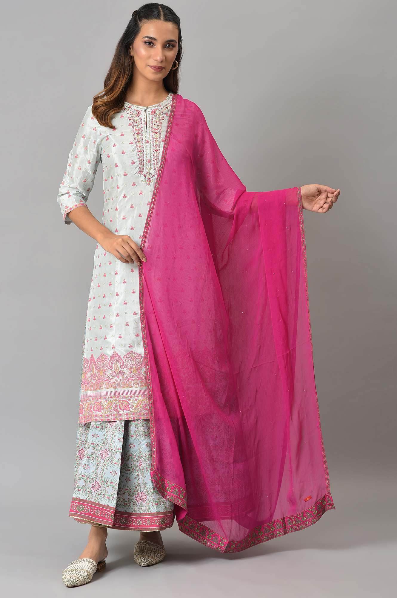 Dark Pink Crinckled Chiffon Dupatta With Mukaish