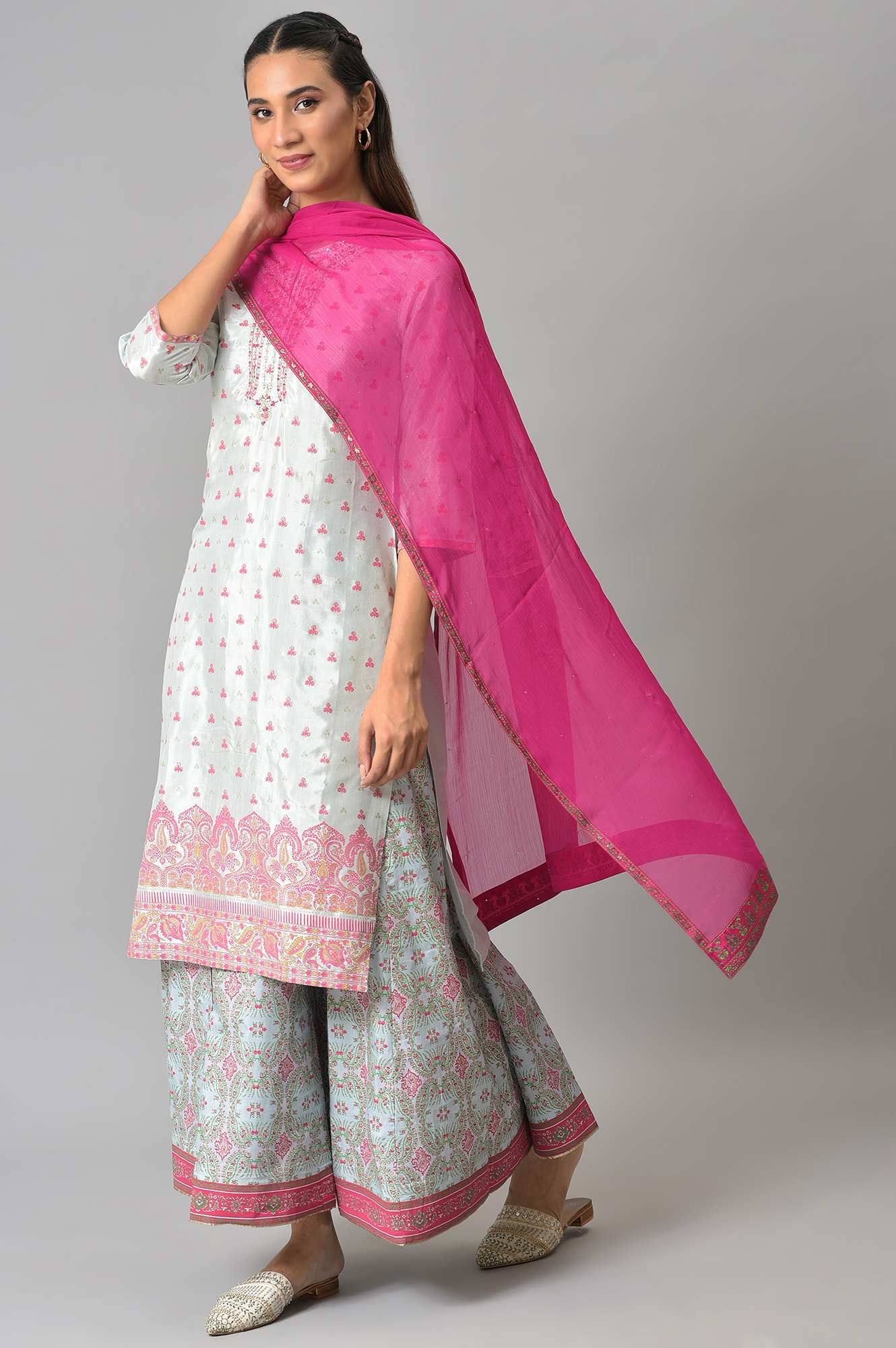 Dark Pink Crinckled Chiffon Dupatta With Mukaish
