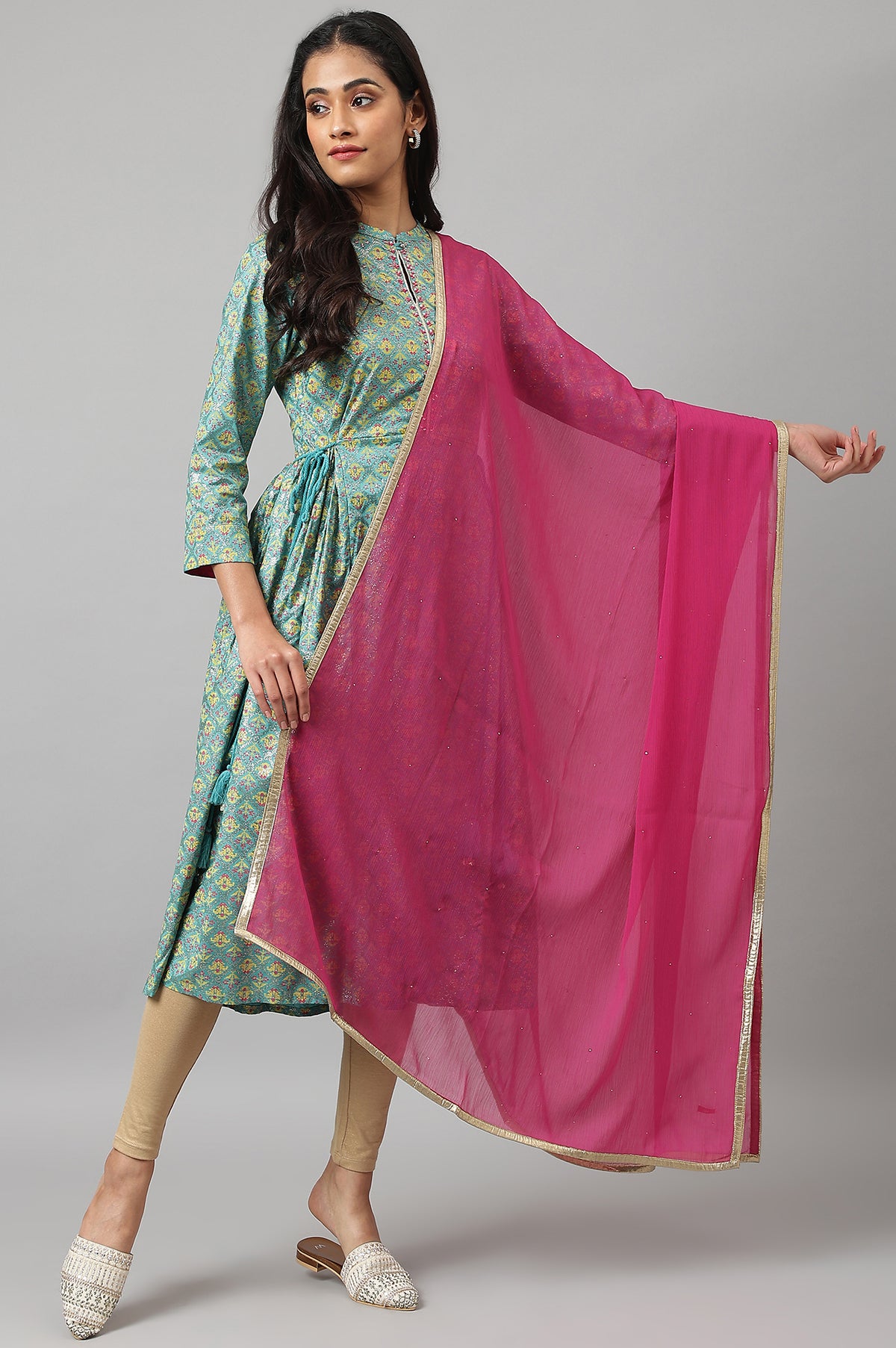 Magenta Crinckled Chiffon Dupatta With Mukaish - FS