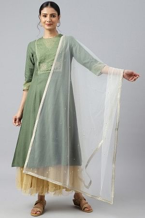 Ecru Mesh Dupatta With Sequins - FS