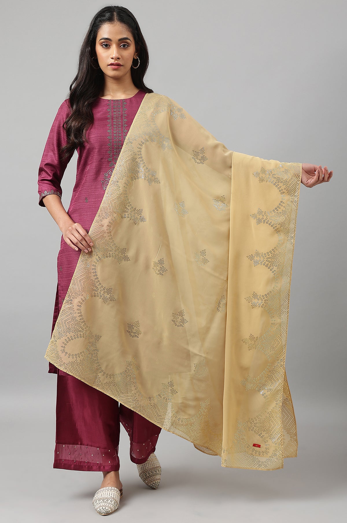 Golden Grainy Georgette Mukaish Dupatta - FS