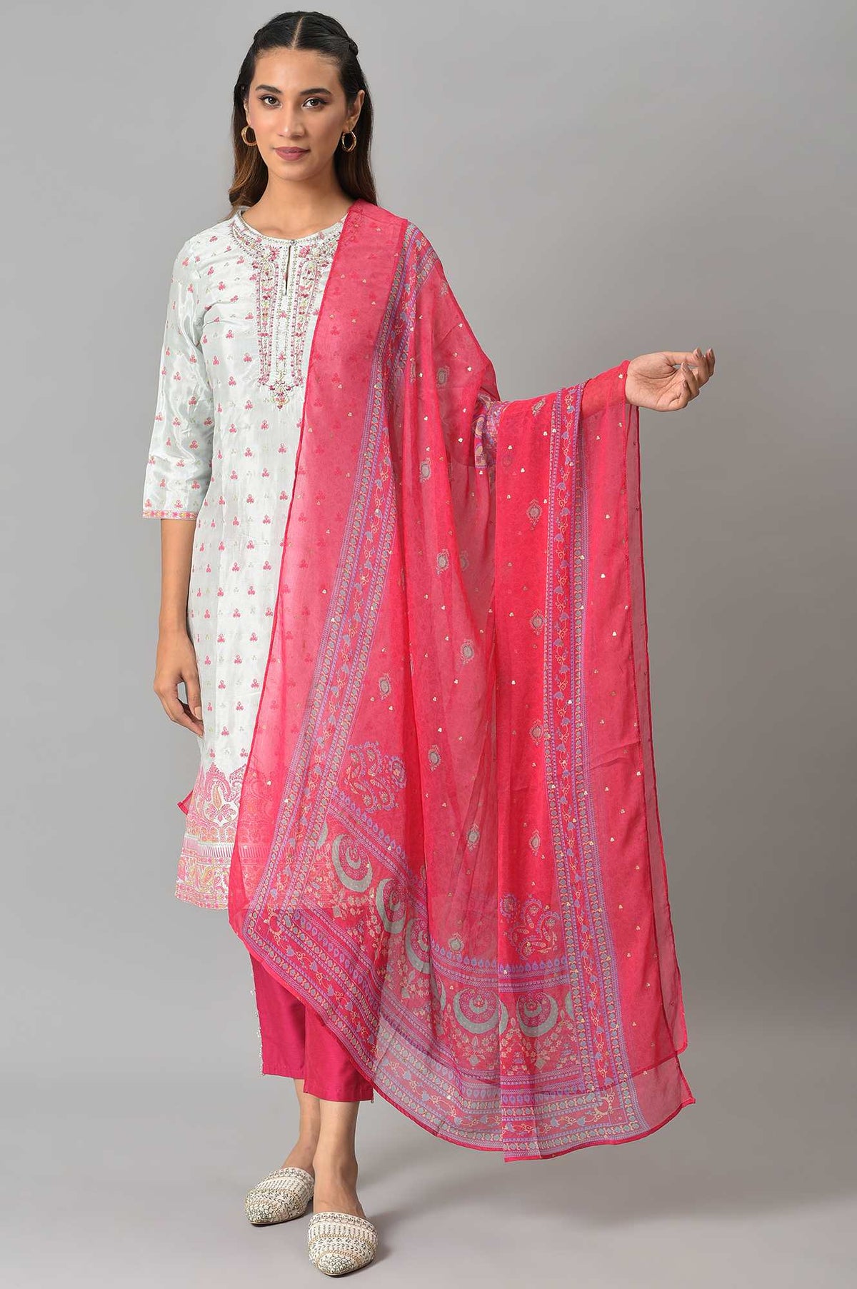 Pink Chiffon Floral Print Dupatta - FS