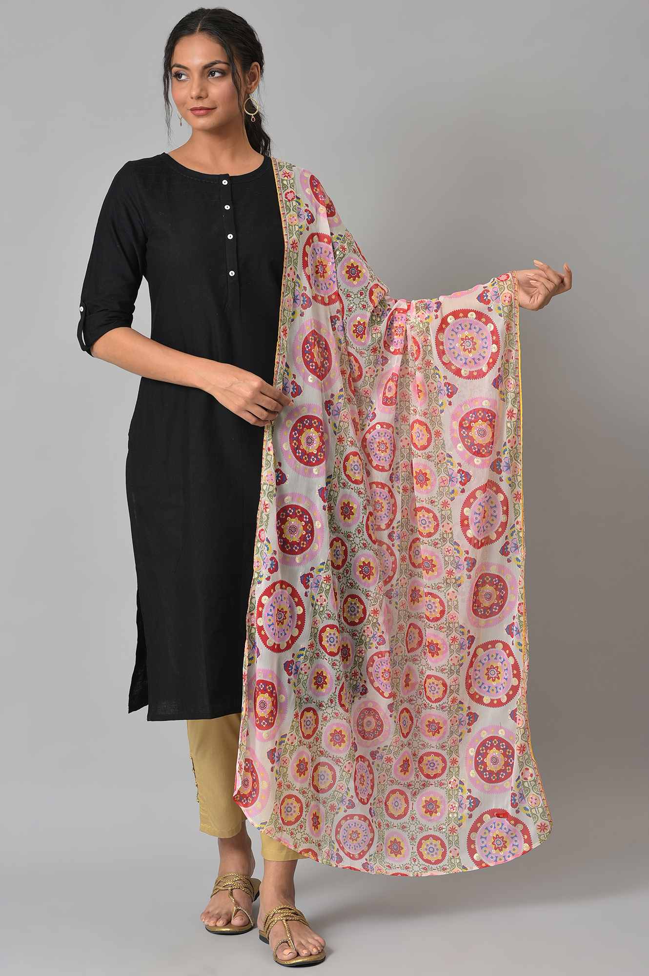 Ecru Multi-Coloured Floral Printed Chiffon Dupatta