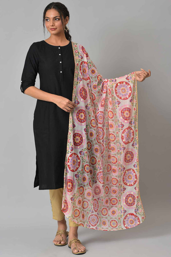 Ecru Multi-Coloured Floral Printed Chiffon Dupatta