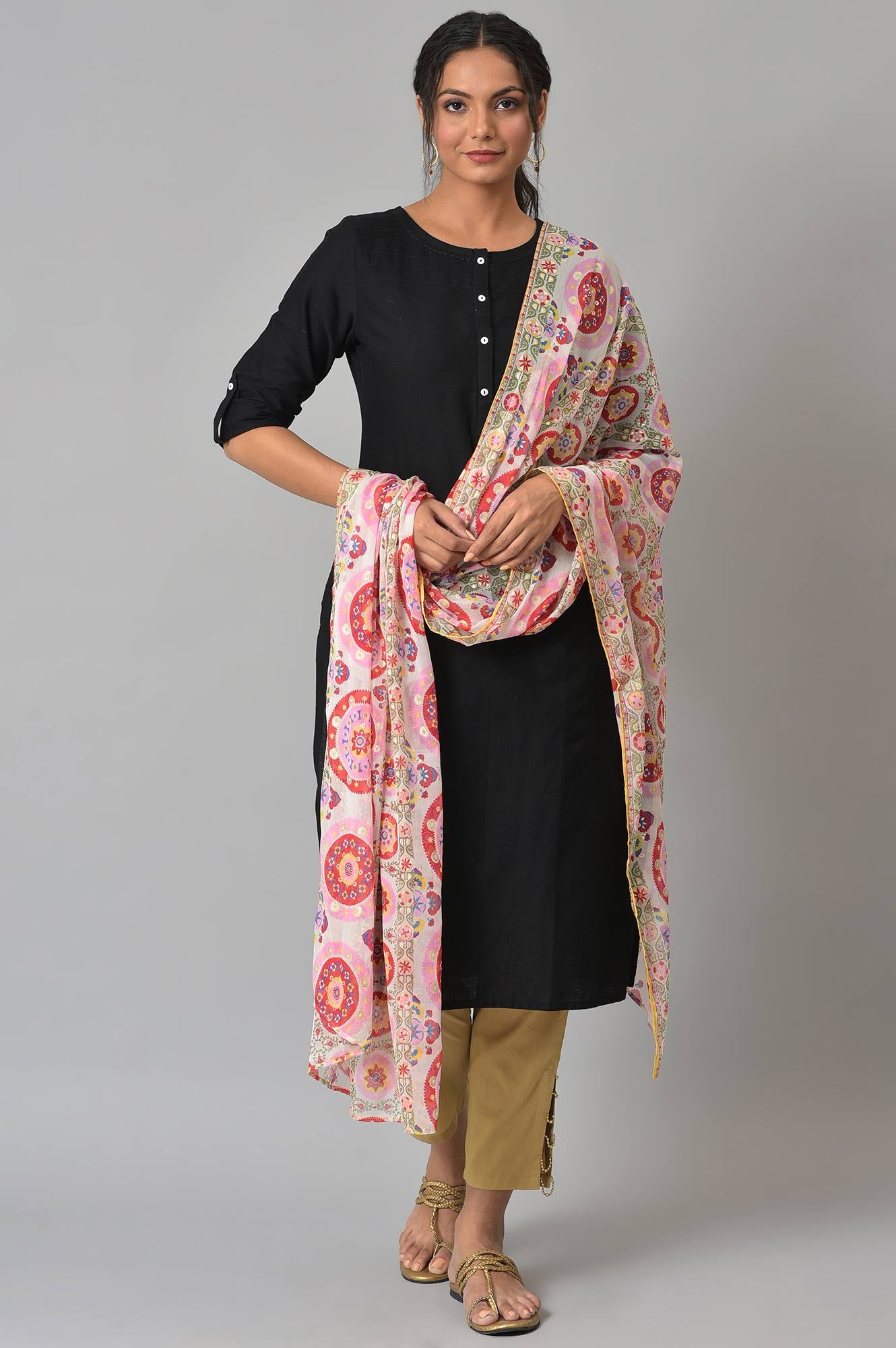 Ecru Multi-Coloured Floral Printed Chiffon Dupatta