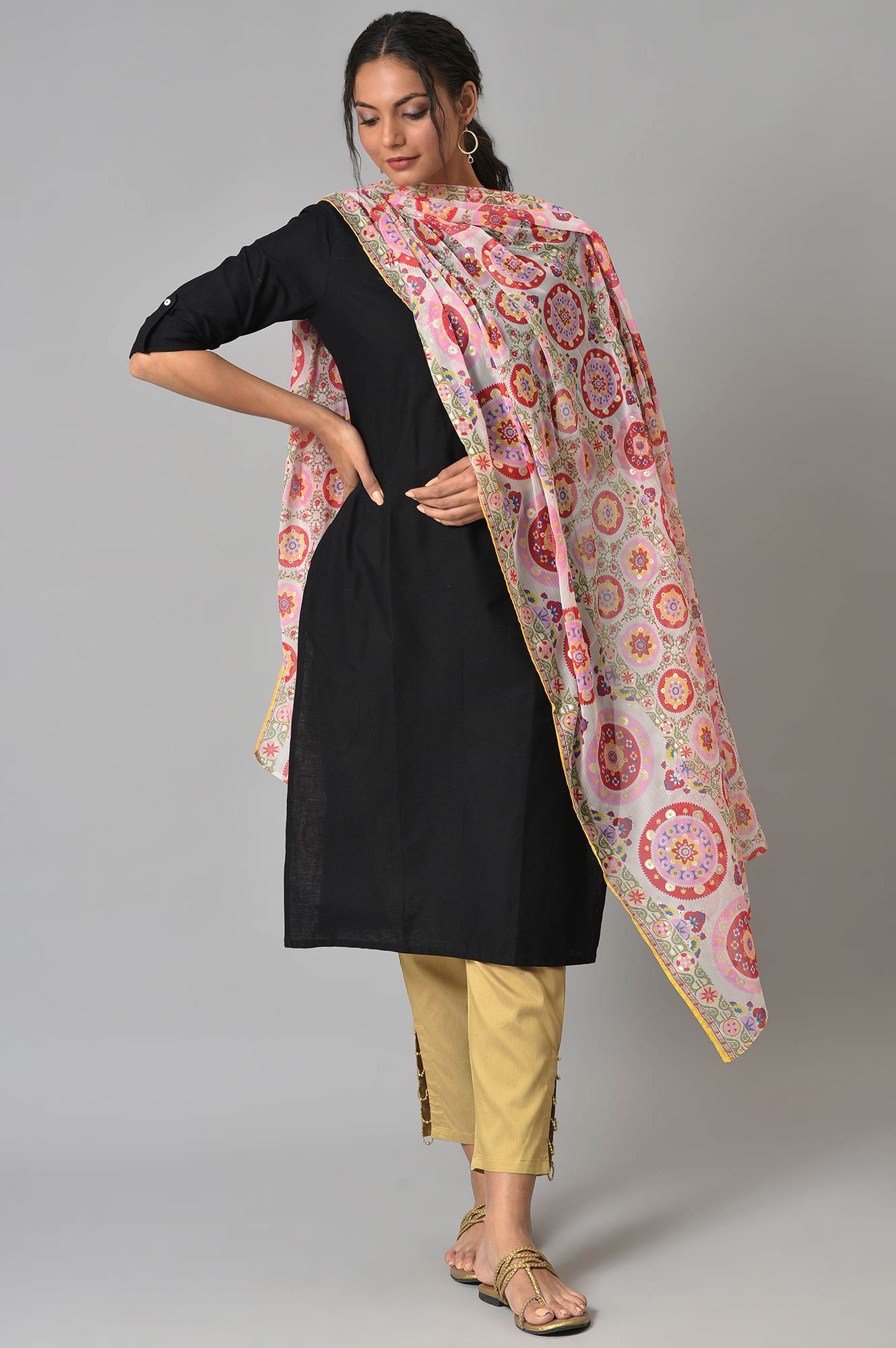 Ecru Multi-Coloured Floral Printed Chiffon Dupatta