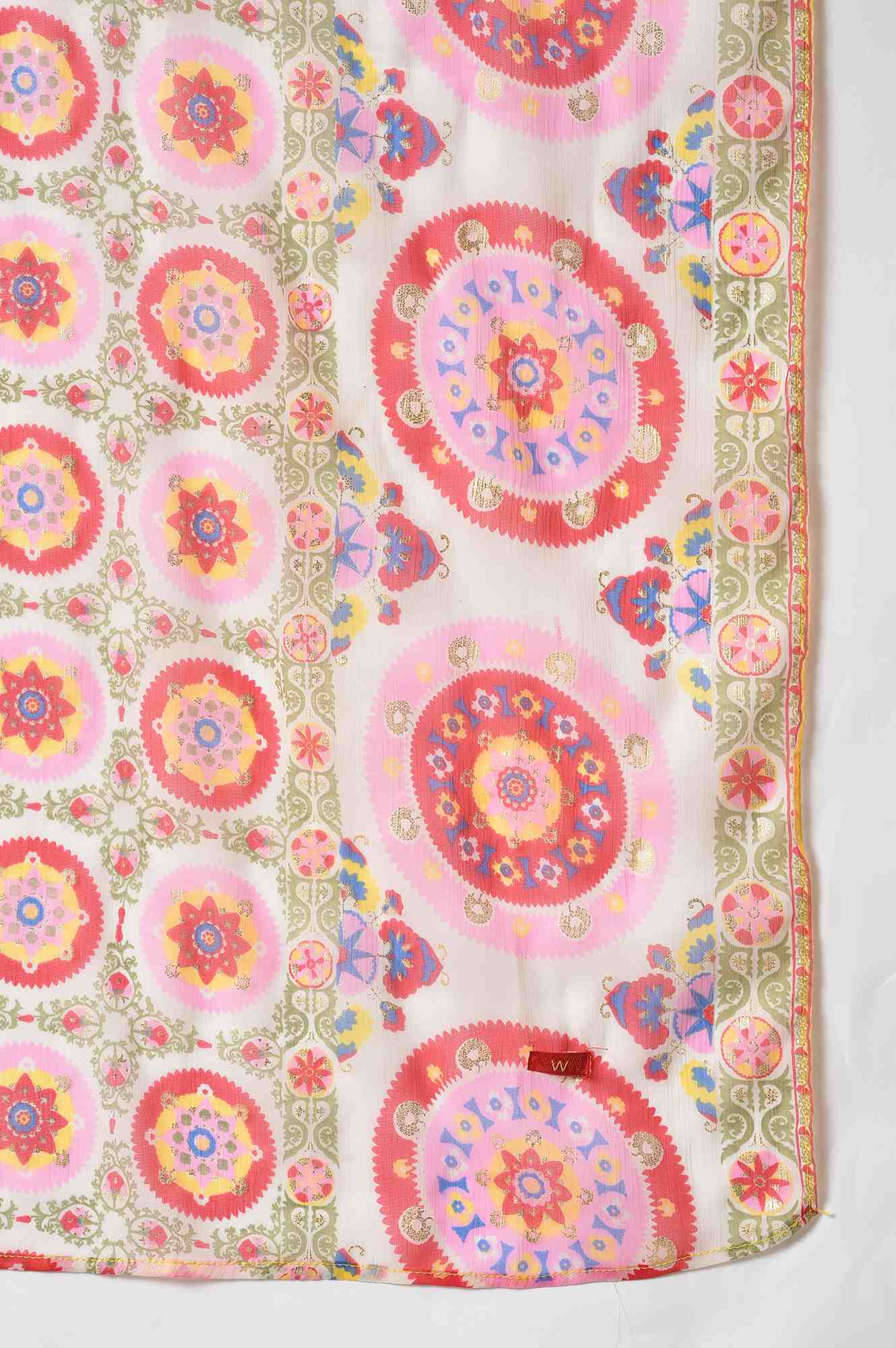 Ecru Multi-Coloured Floral Printed Chiffon Dupatta