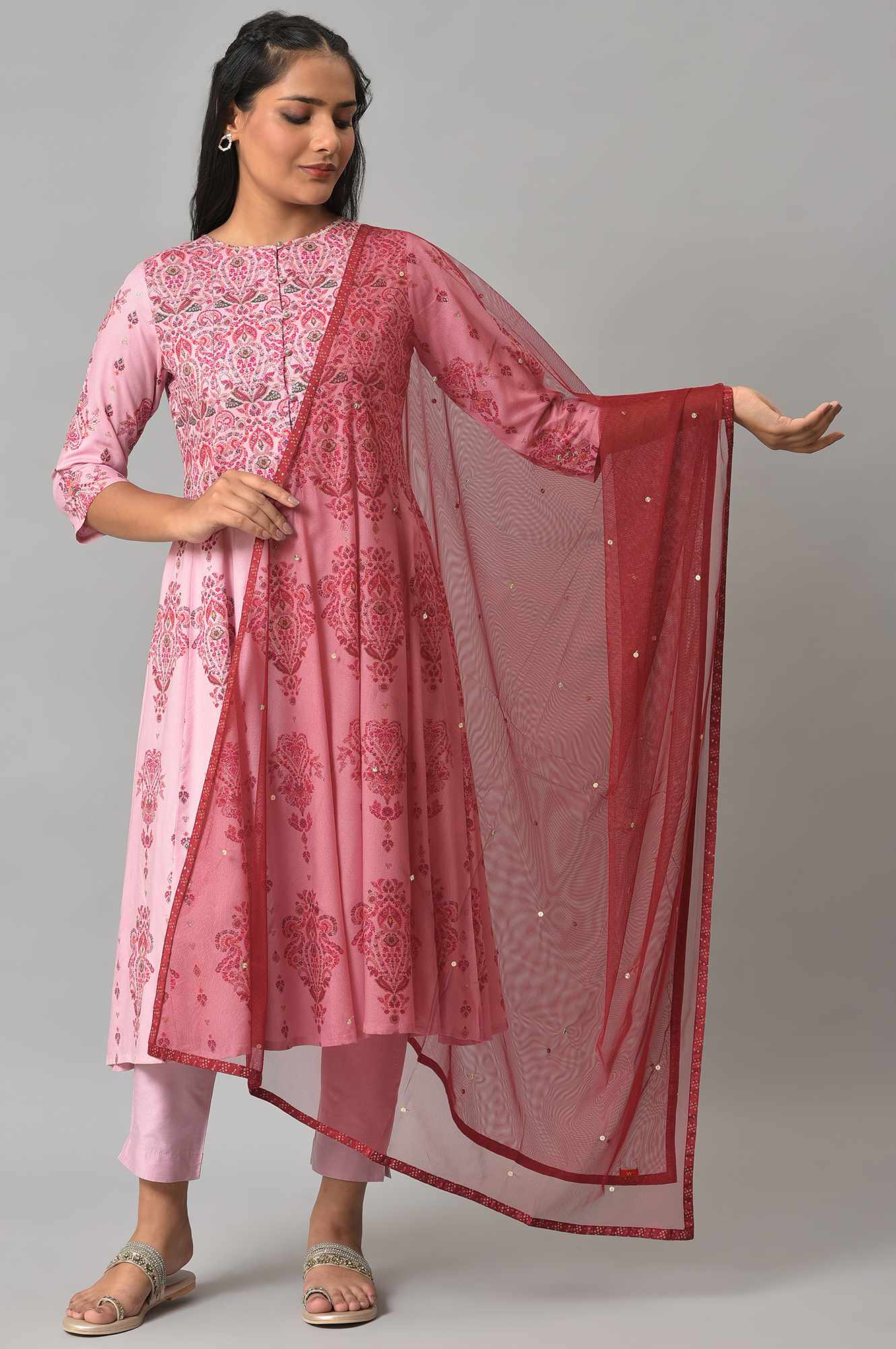 Maroon Mesh Dupatta With Printed Border