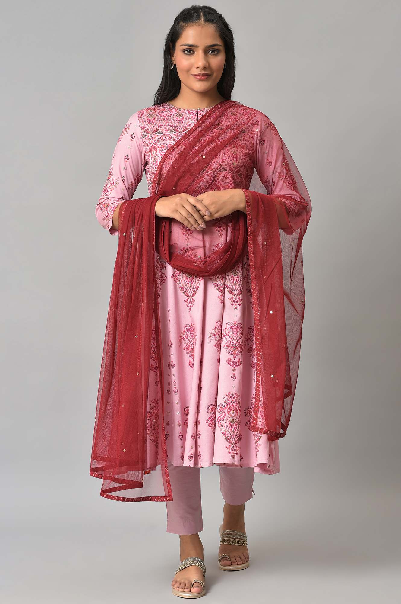 Maroon Mesh Dupatta With Printed Border